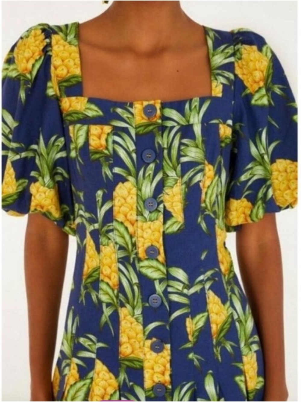 FARM Rio Blue Pineapple Button-Down Square Neck Top